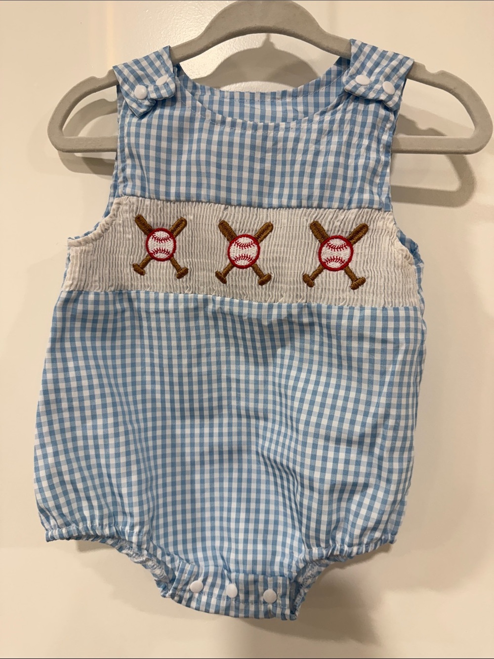 Blue Gingham Baby Bubble with Baseball Smocking 0-3M